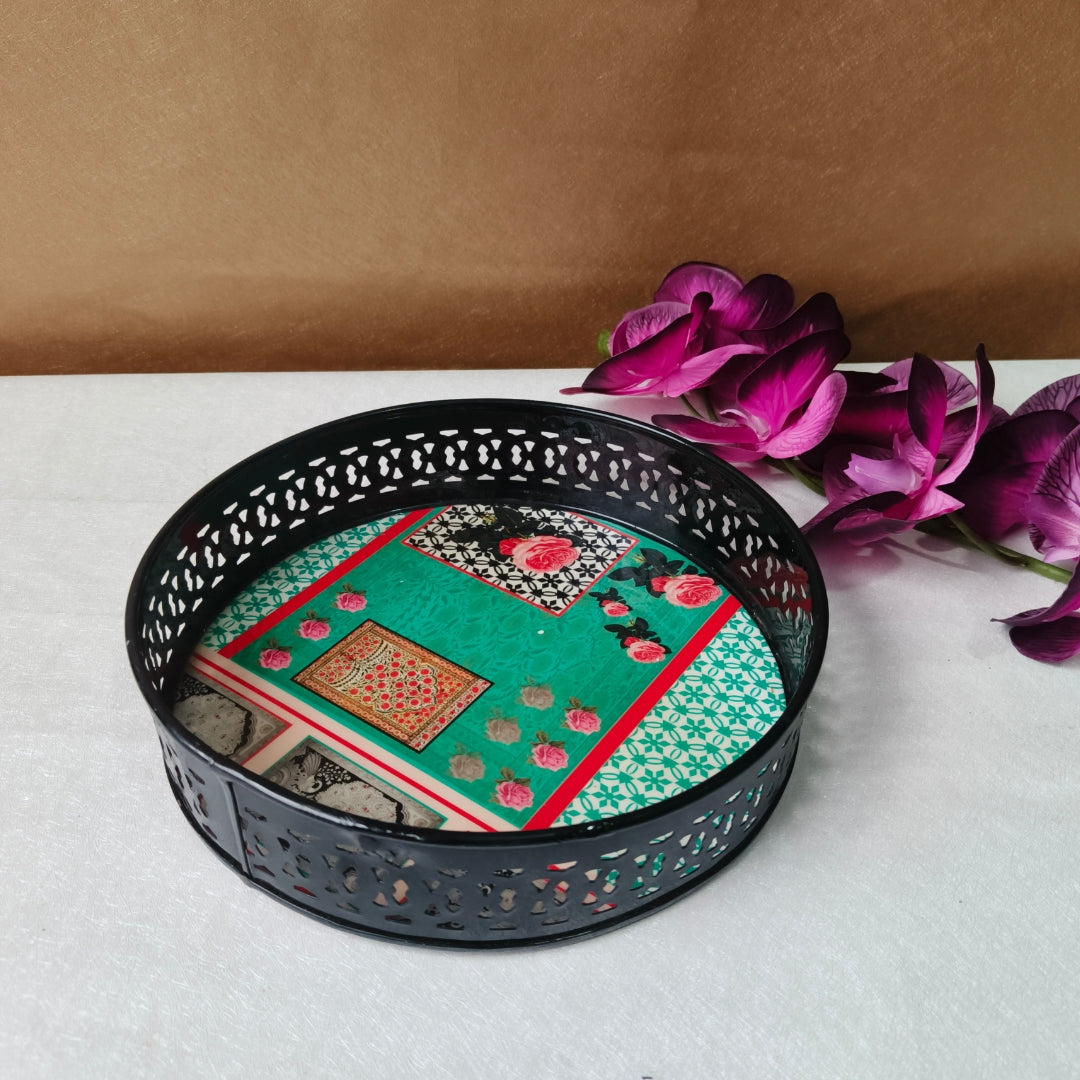 Metal Round Tray - Green Mughal Print  Small