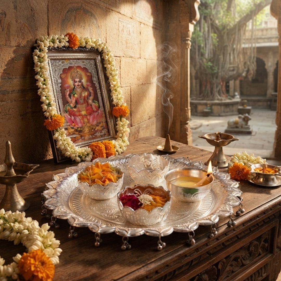 Silver Plated Pooja Thali with Hanging Bells and Three Bowls Set