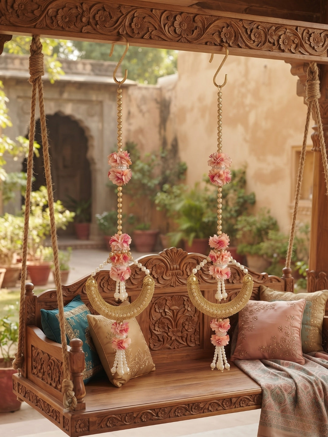 Artificial peach flower with metal crescent shape side hanging set of 2