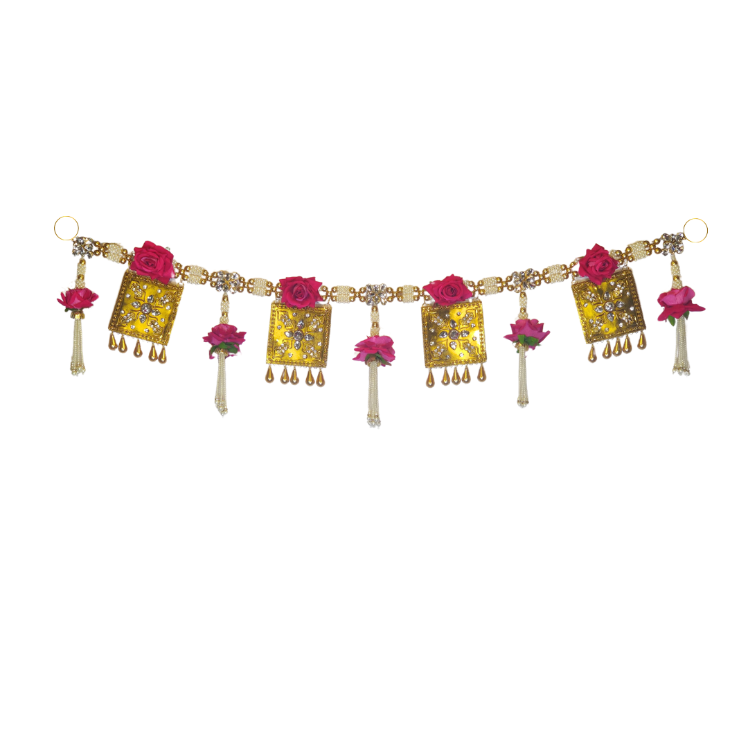 Square Gold Plate Rose & Pearl Beaded Toran