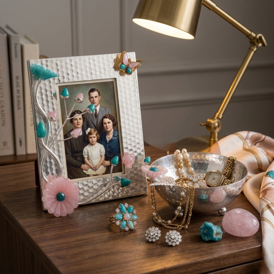 Silver-Plated Photo Frame & Bowl Set with Pink & Green Floral Motifs