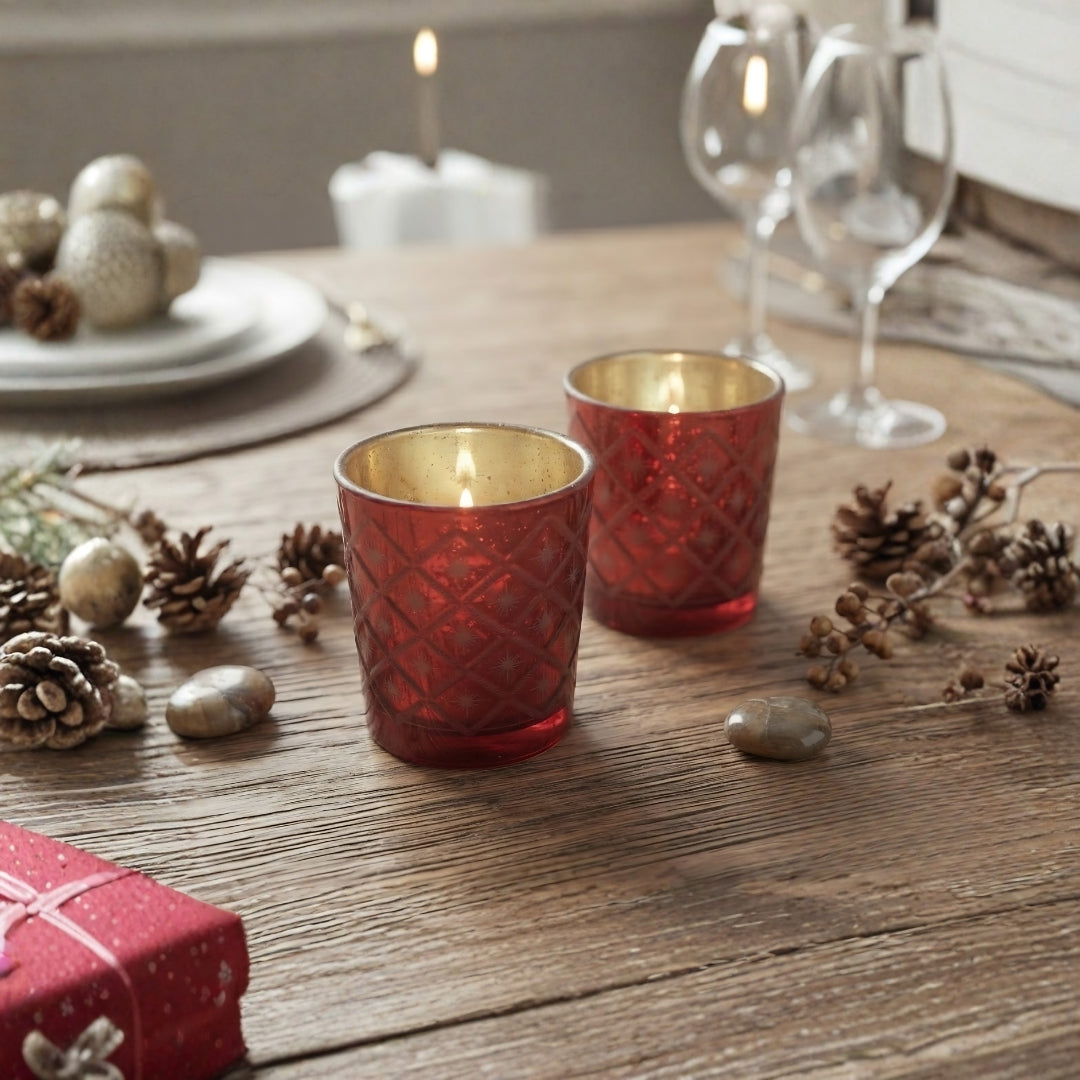 Etched Red Glass Votive Candle Holders - Elegant Set of 2