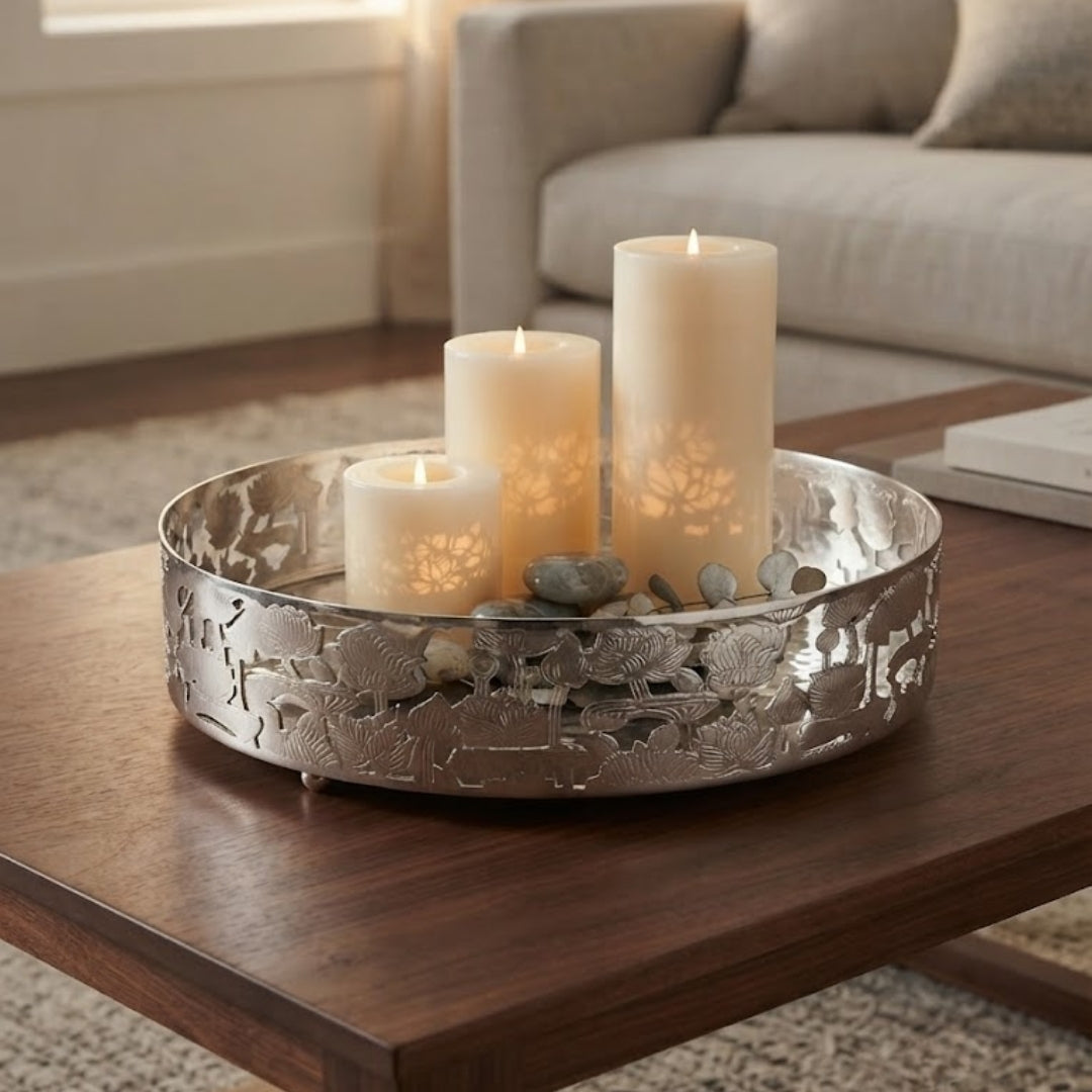 Decorative Silver-Plated Lotus Pattern Vanity Tray