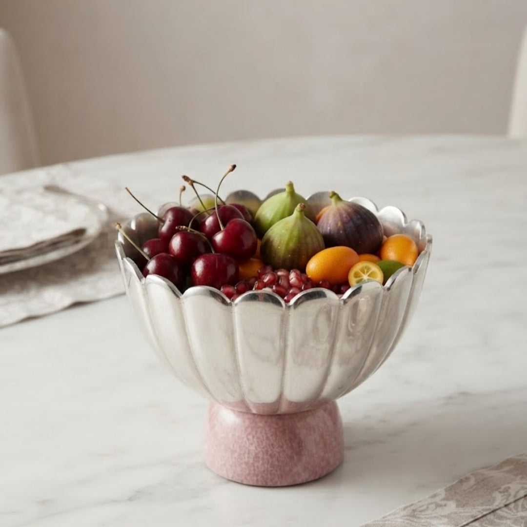 Silver-Plated Scalloped Pedestal Bowl with Pink Base