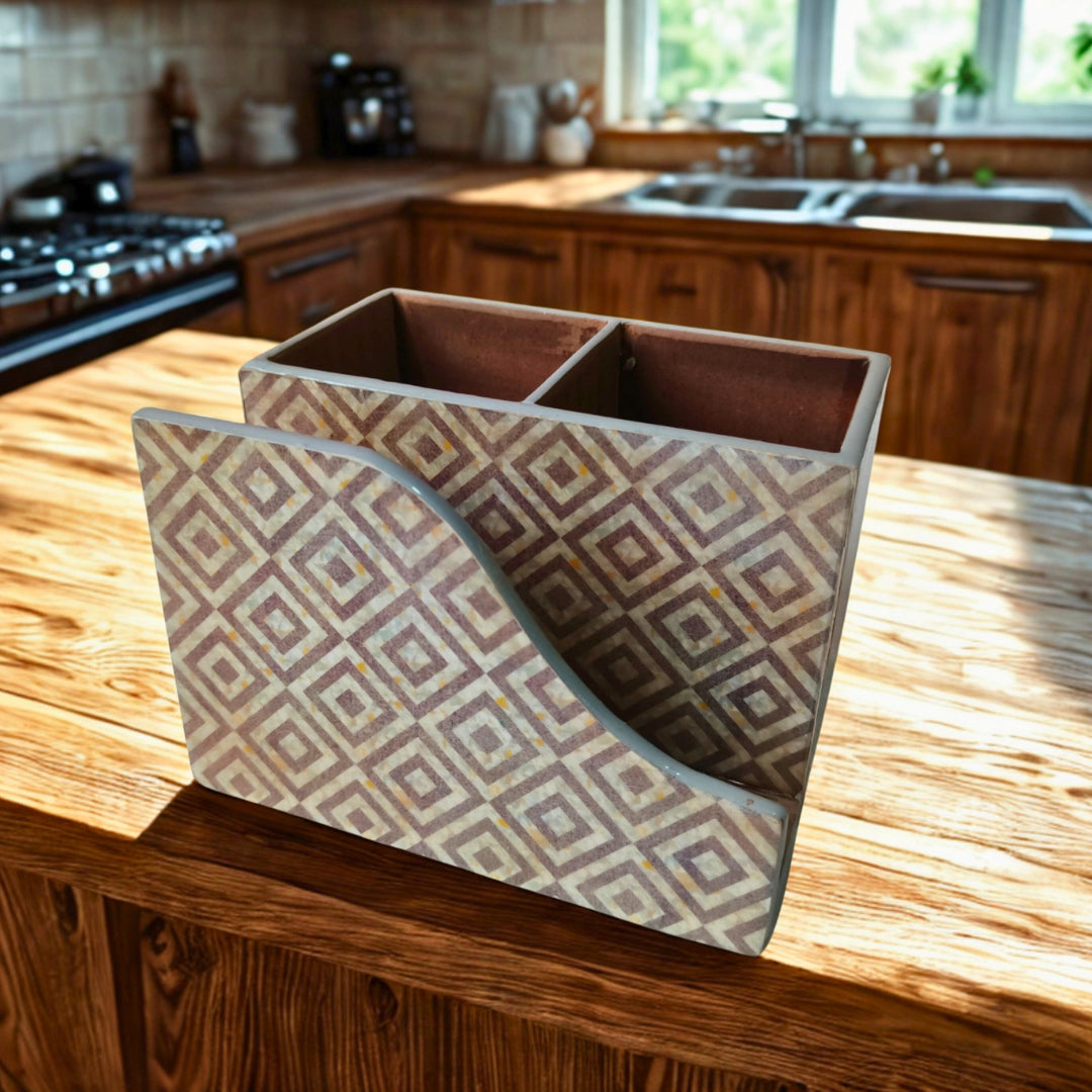 Cutlery tissue holder- Wooden Grey Diamond Print With Enamel
