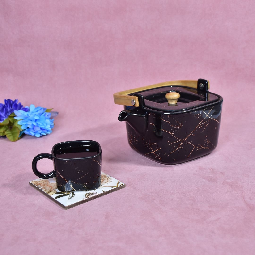 Ceramic Cup & Teapot With Tray Set Of 6 - Black