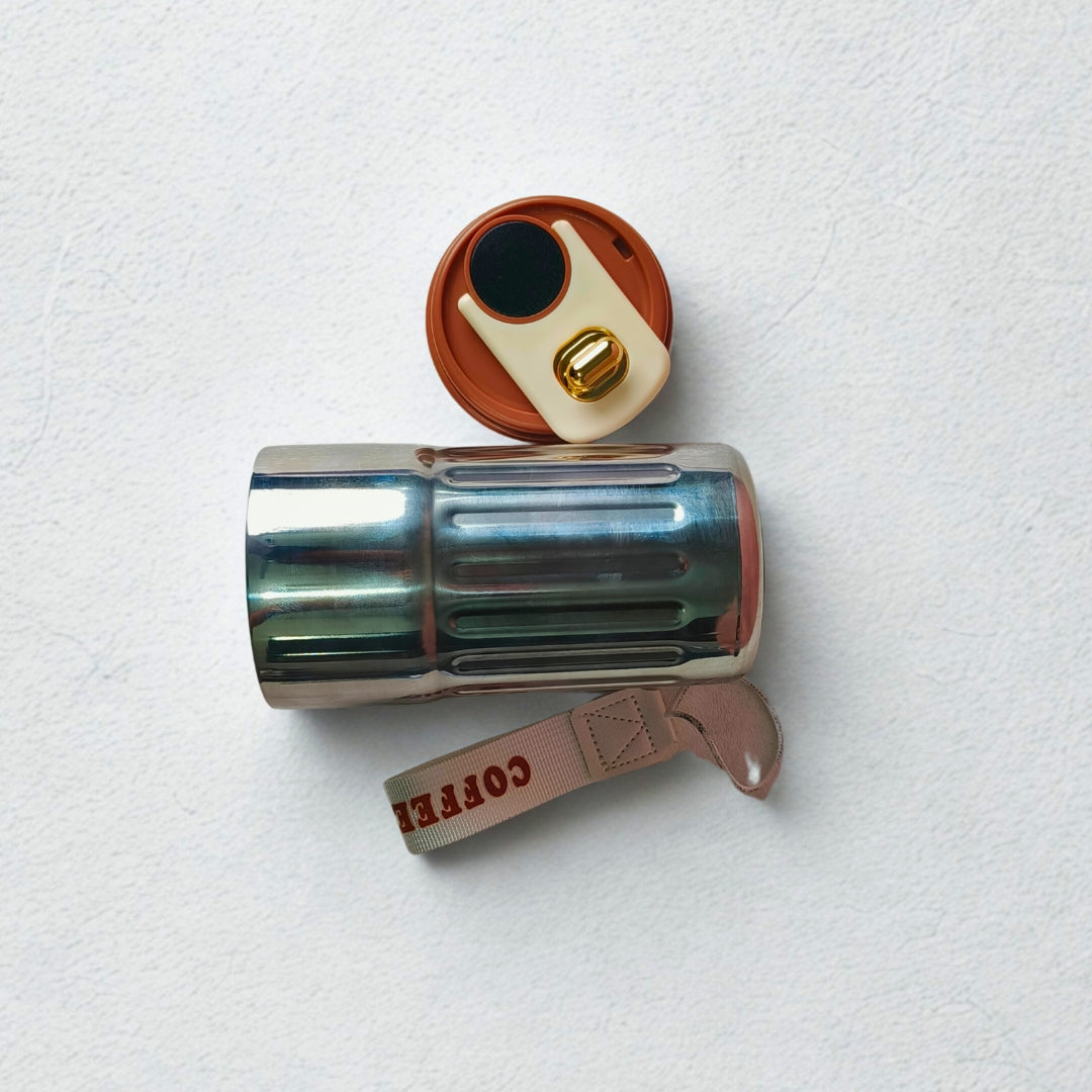 Stainless Steel Temperature Measure Sipper With Golden Capsule Knob And Brown Lid