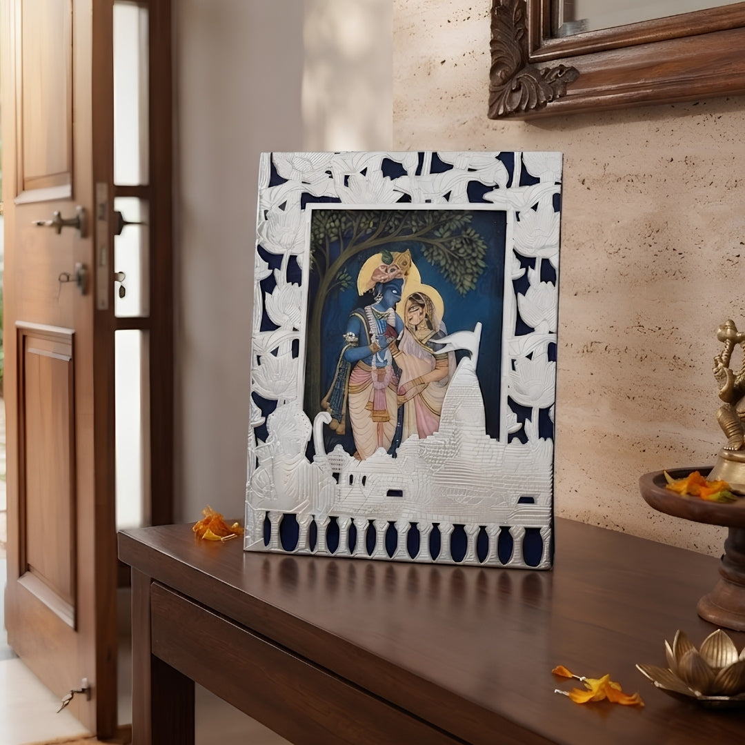 Silver-Plated Ram Mandir & Lotus Design Velvet Photo Frame