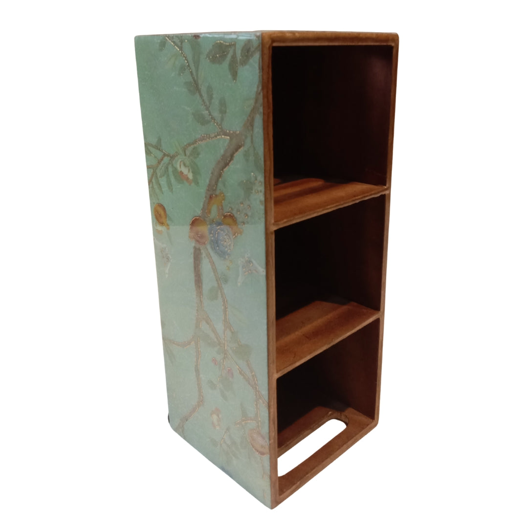 Wooden green peacock & bird print & enamelled 3 Partition Caddy