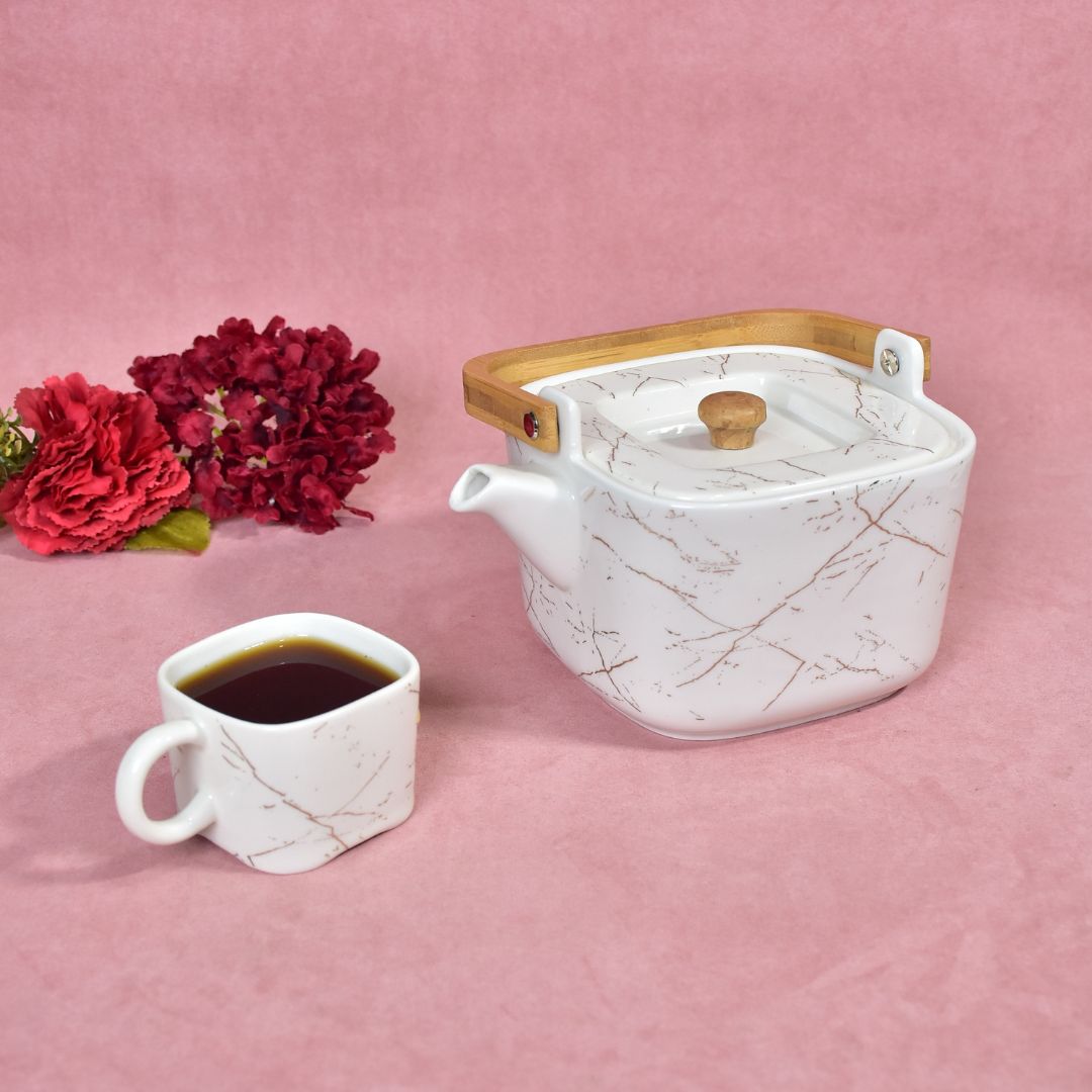 Ceramic Cup & Teapot With Tray Set Of 6 - White