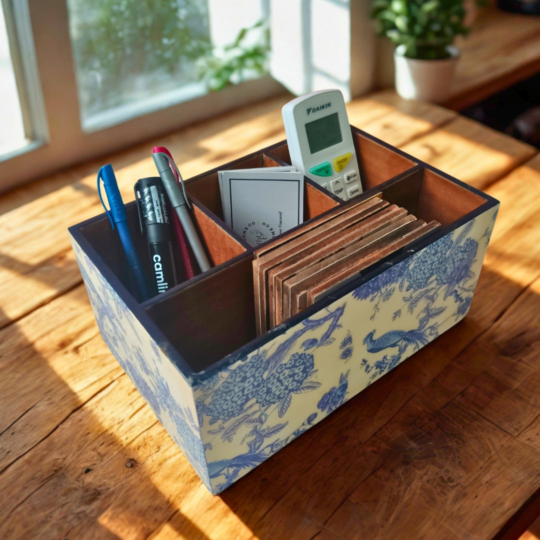 Caddy - Wooden 4 Partition Blue Peacock Print With Enamel