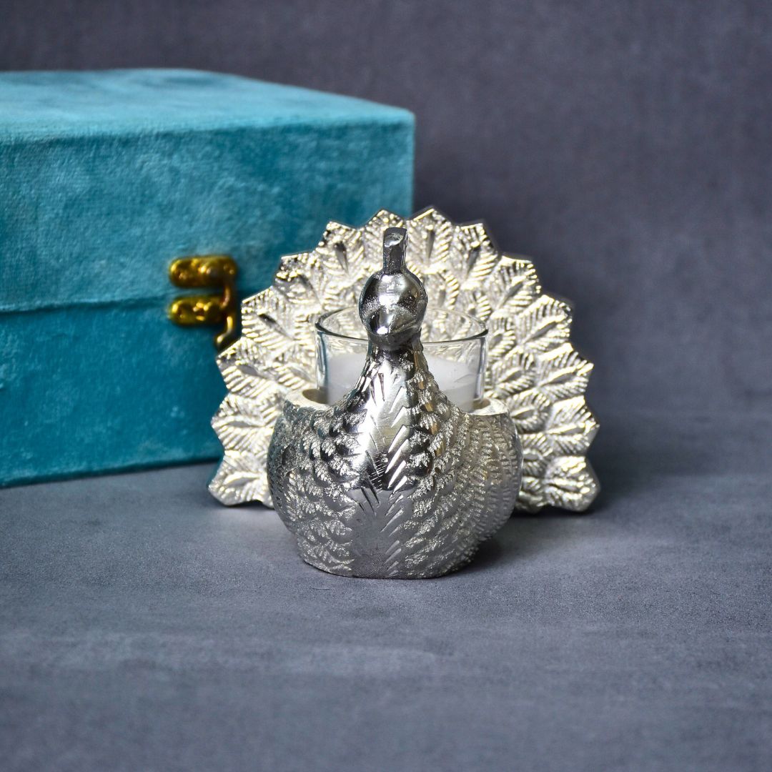 Silver Peacock Candle Holder