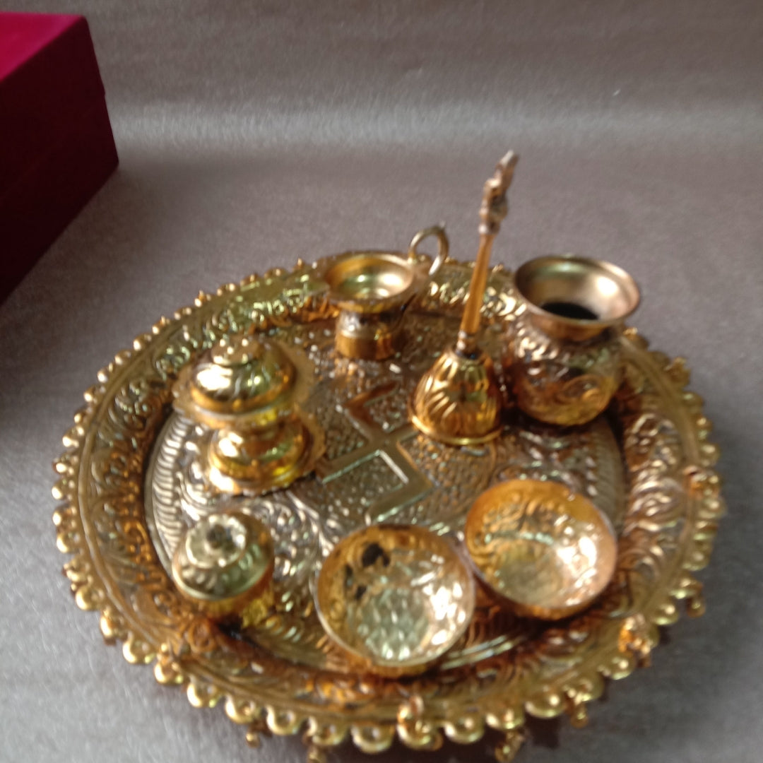 Gold Plated Complete Pooja Thali Set in Red Velvet Box for Sacred Worship