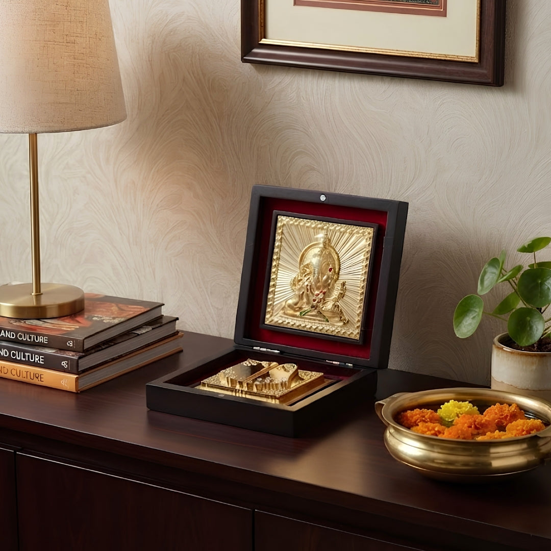 Gold-Plated Ganesha Idol & Charan Paduka Gift Box