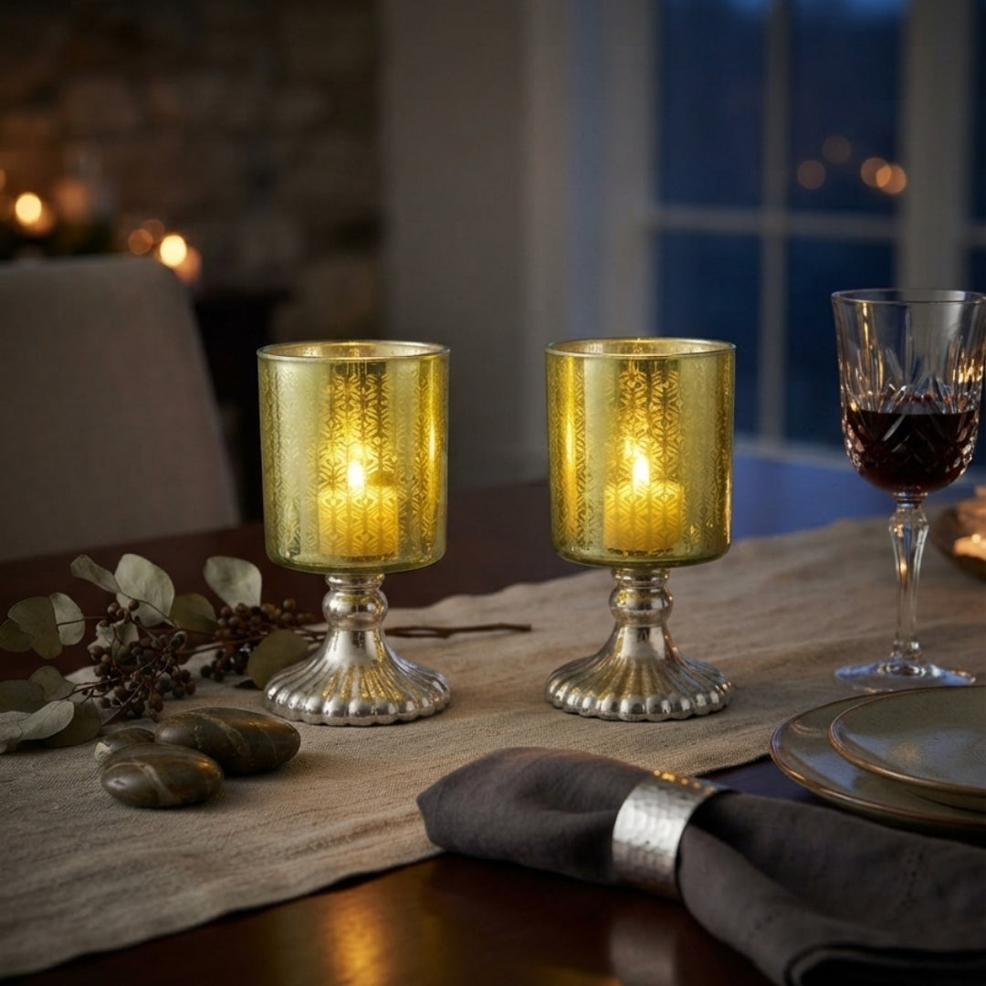 Set of 2 Green Leaf-Etched Glass Pedestal Tea Light Holders