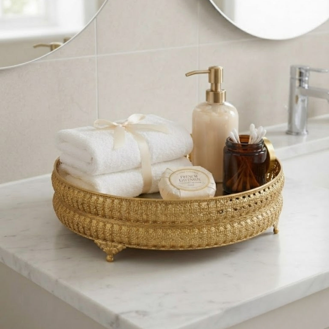 Decorative Gold Round Filigree Tray with Beaded Edges and Ornate Feet