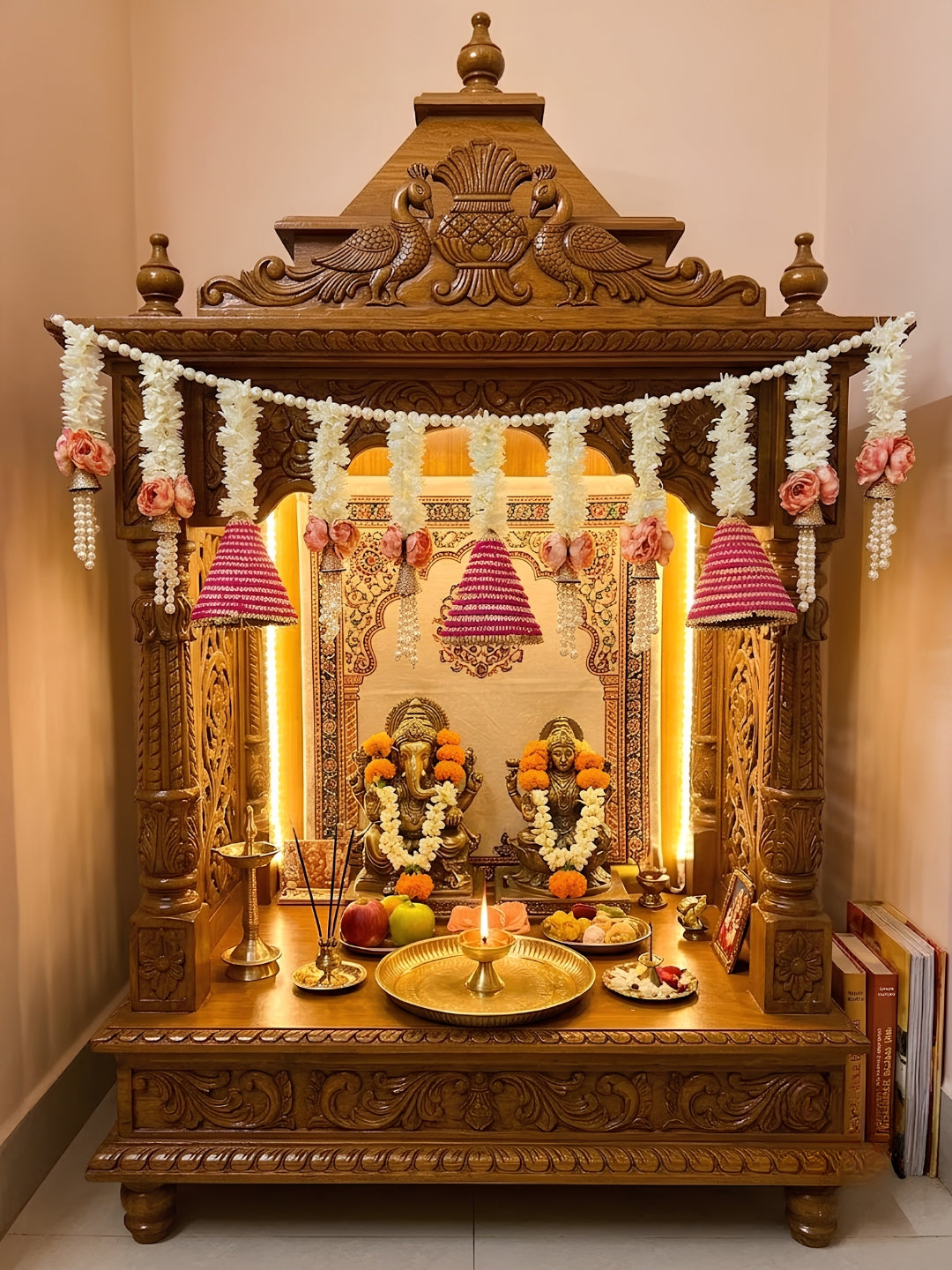 Artificial gajra with pink flower and large pink gota cone toran