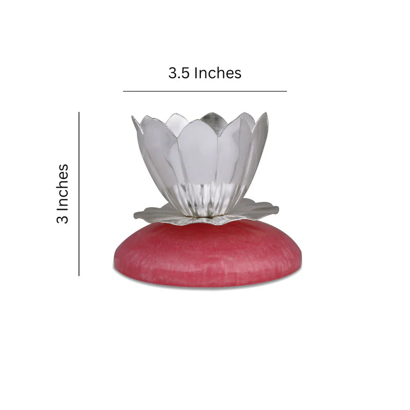 Brass Silver Plated Small Diya With Pink Resin Base