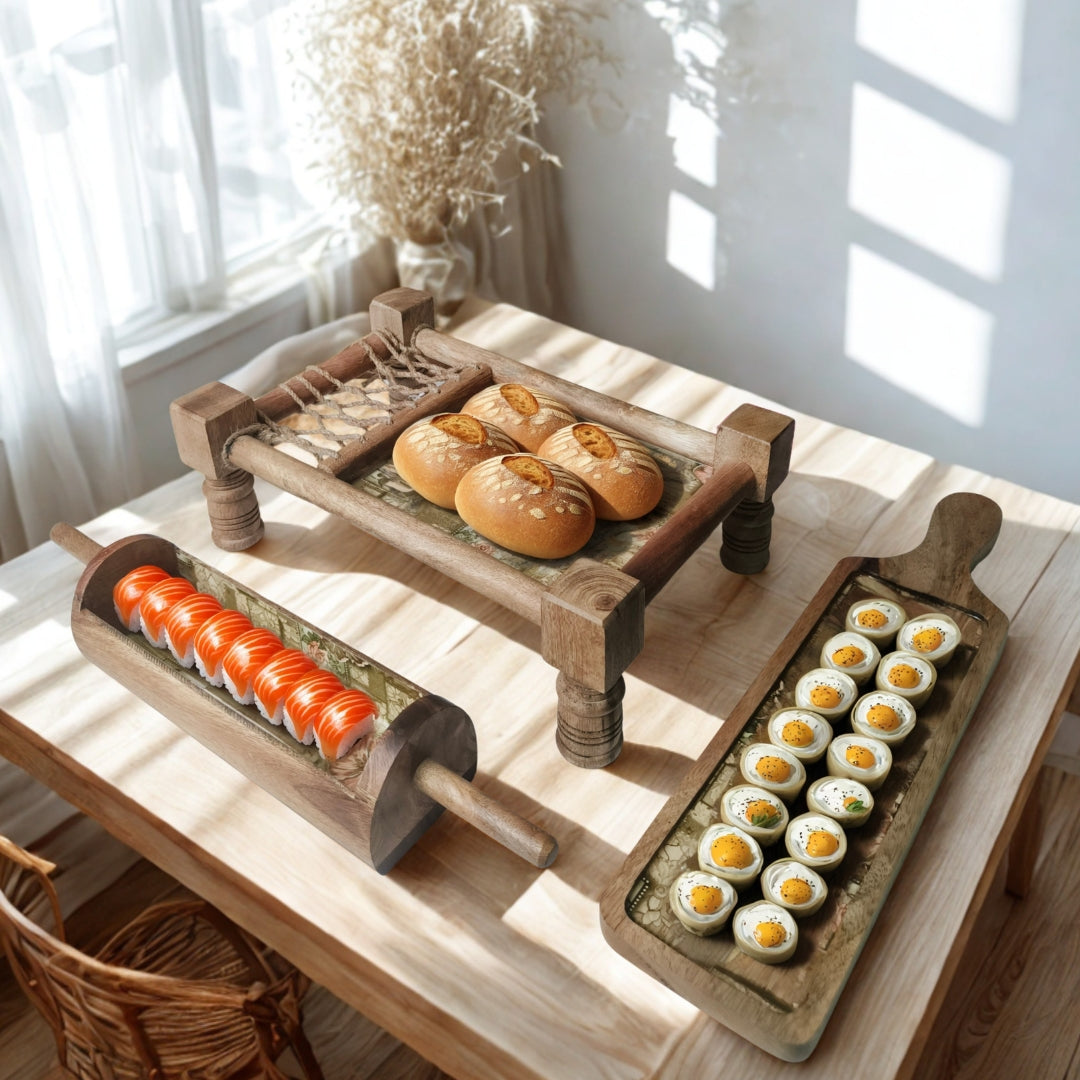 Green mughal print & enameled Wooden Khatiya Platter Set of 3 - khatiya platter , belan platter , bat platter