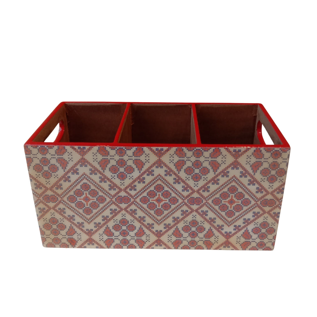 Wooden Blue & red abstract print & enamelled 3 Partition Caddy