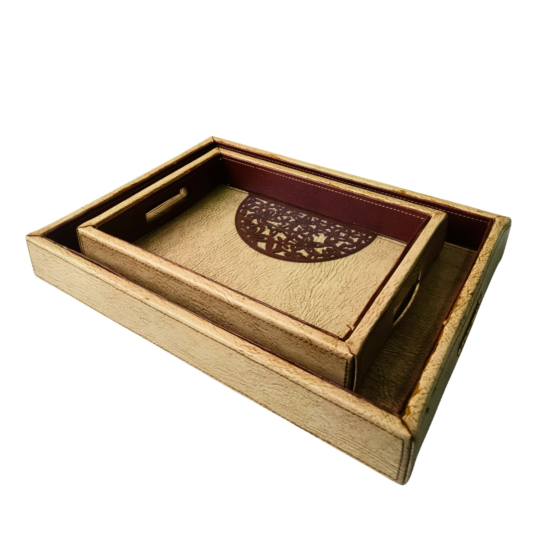 Brown Rectangle Leather Tray set of 2