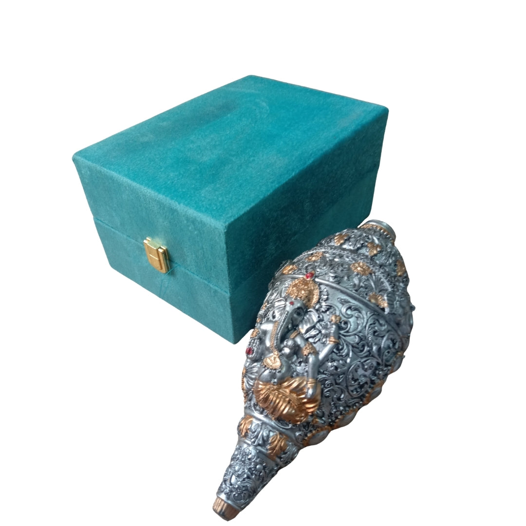 Silver Plated Ganesha Shankh with Turquoise Velvet Box for Auspicious Gifting