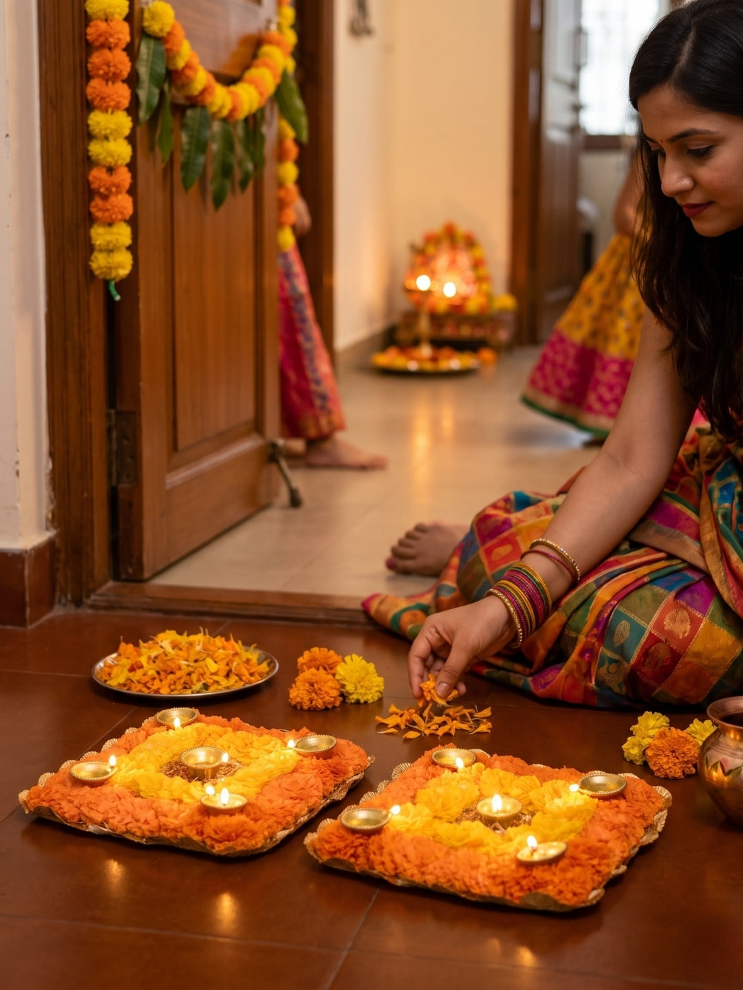 Handmade Square Floral Puja Mat / rangoli Set of 2 with Golden LED Diyas