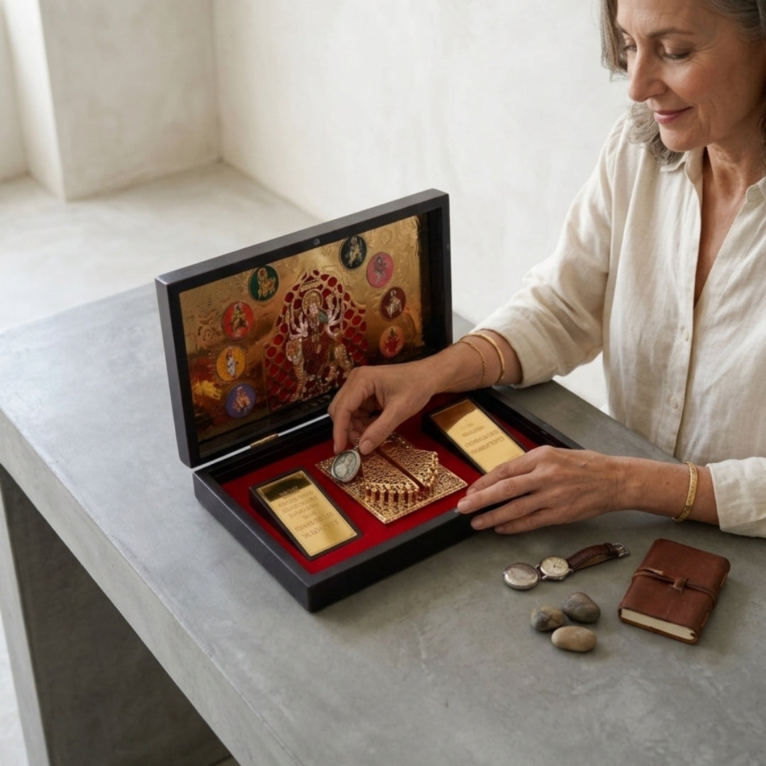 999 Pure Silver & 24K Gold Plated Durga Mata Charan Box  | Navdurga Puja Festival Gift