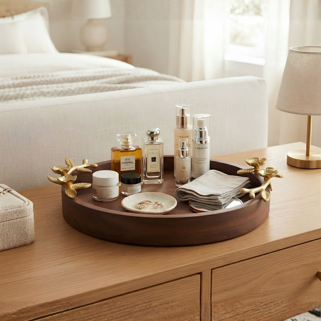 Wooden Large Round Serving Tray with Gold Floral Branch Handles