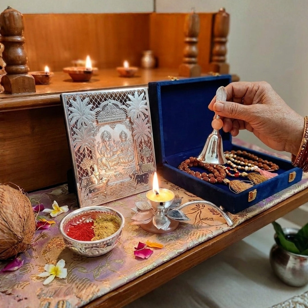 Silver Plated Lacquered Gift Set | Photo Frame, Diya, Ghanti & 4" Urli | Premium Puja Combo