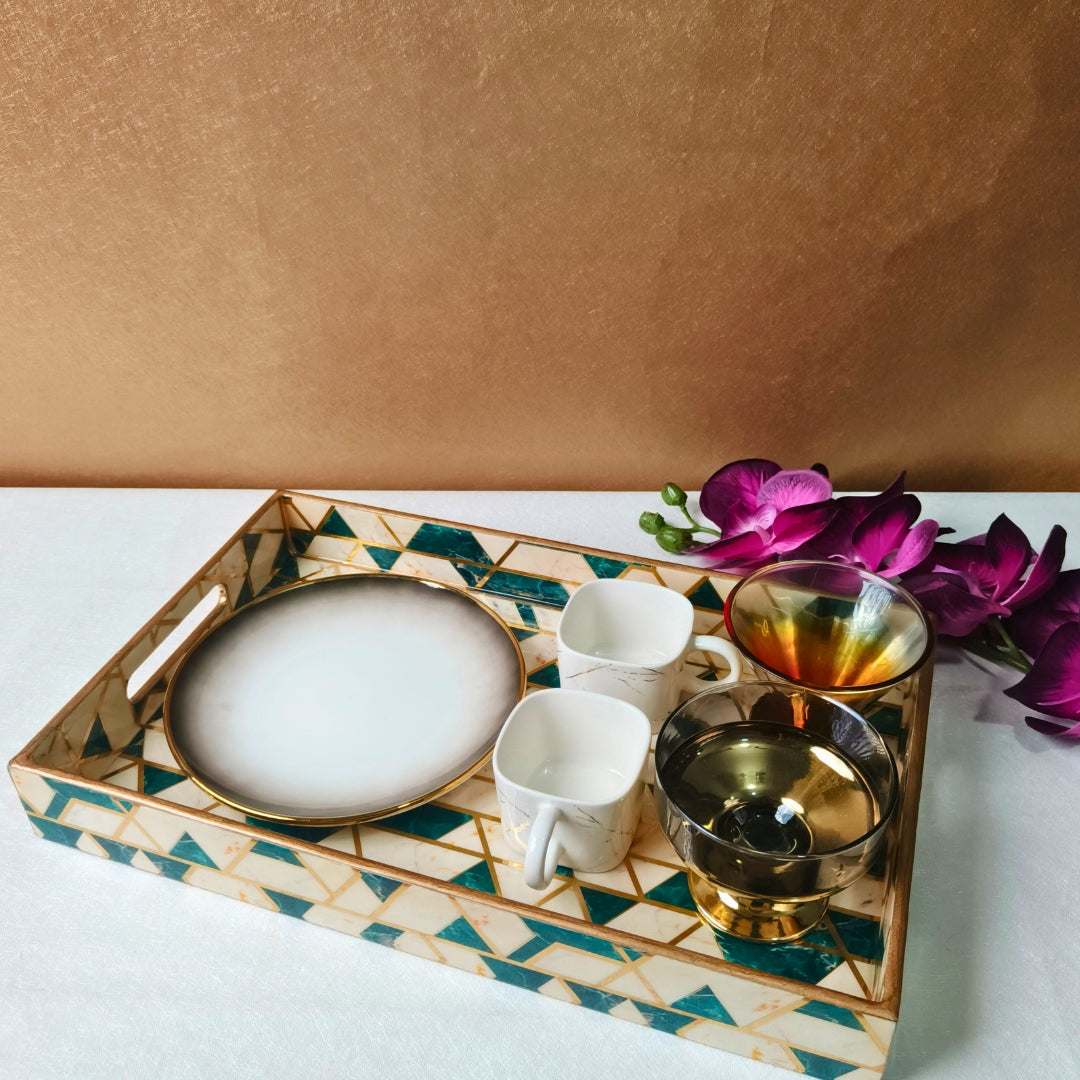 Wooden Green Abstract Print Design Enamel Tray