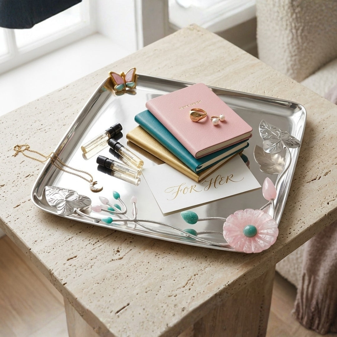 Silver-Plated Square Platter with Floral and Butterfly Embellishments
