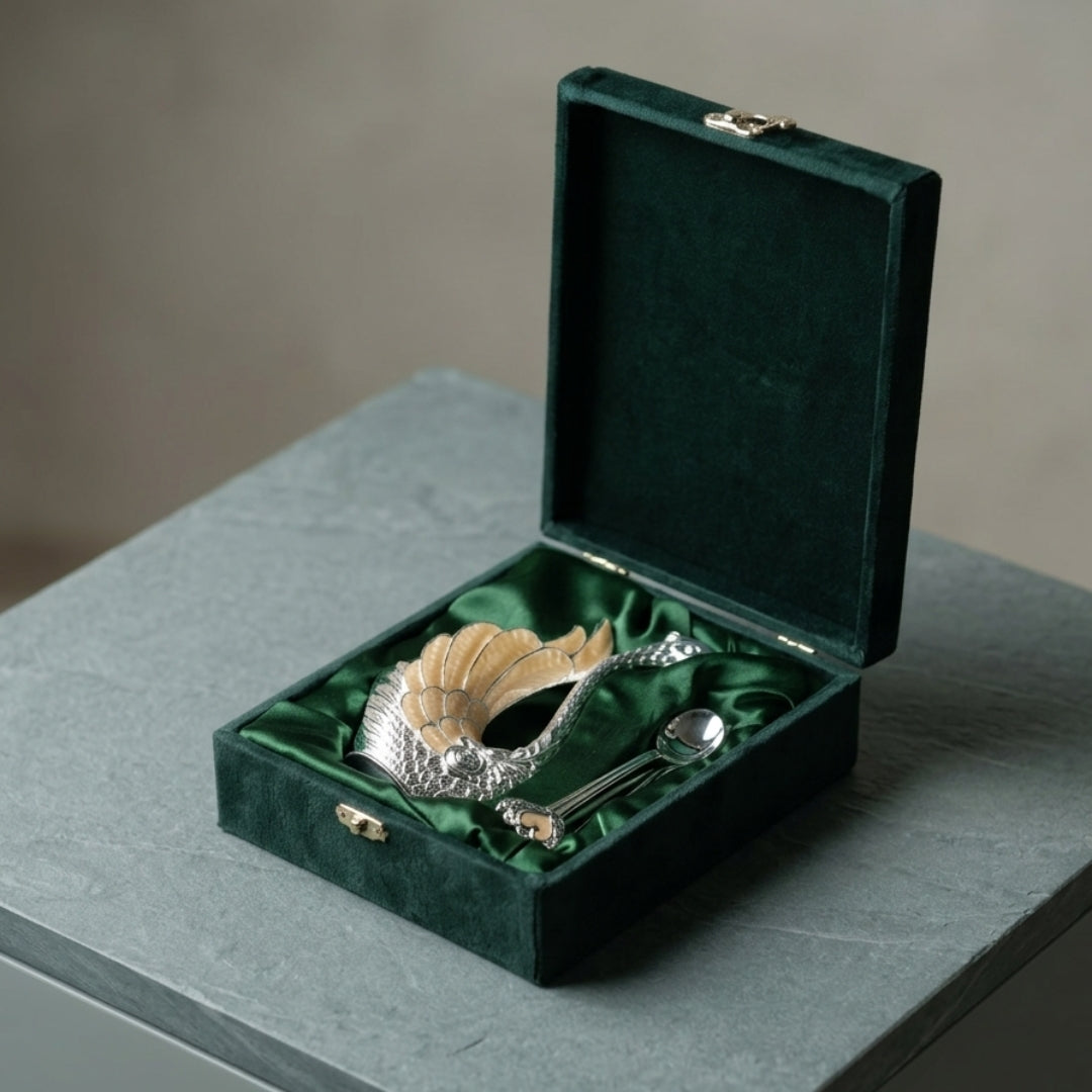 Peach Metal Swan Holder with Set of 6 Dessert Spoon in Premium Gift Box