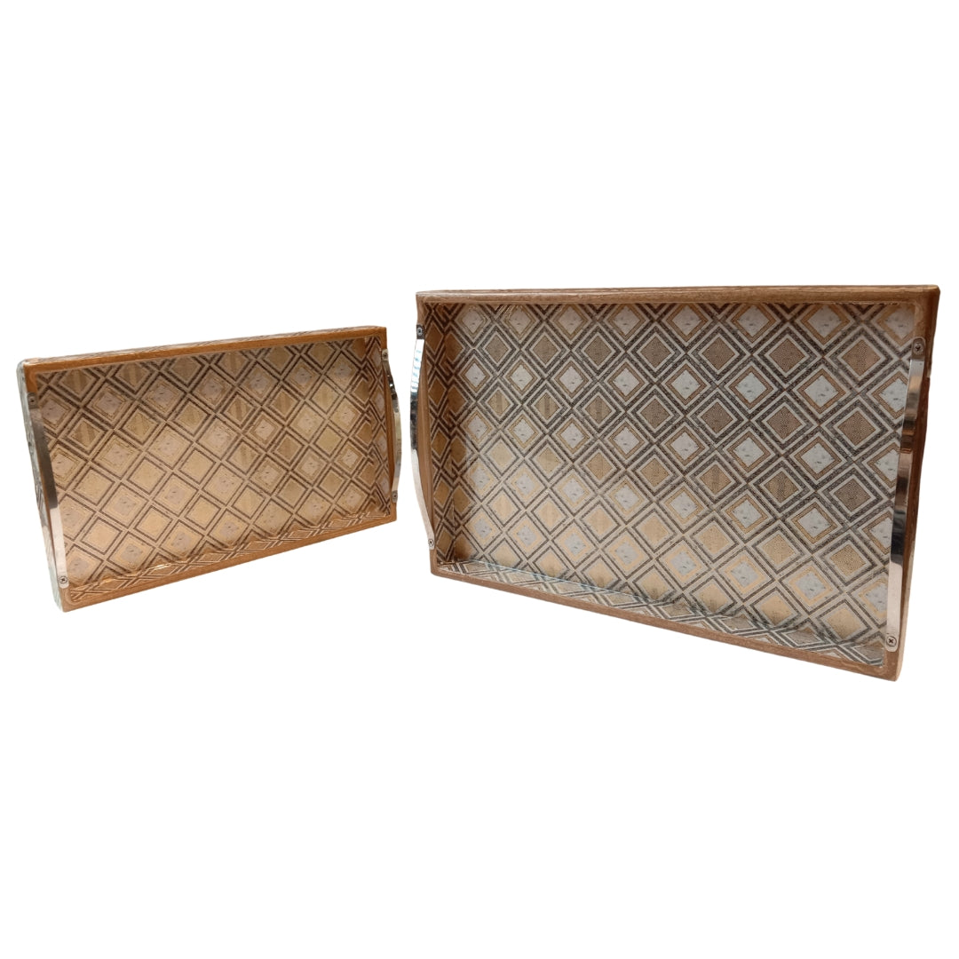 Tray Set Of 2 - Wooden Grey Diamond abstract print & Enamel Rectangle