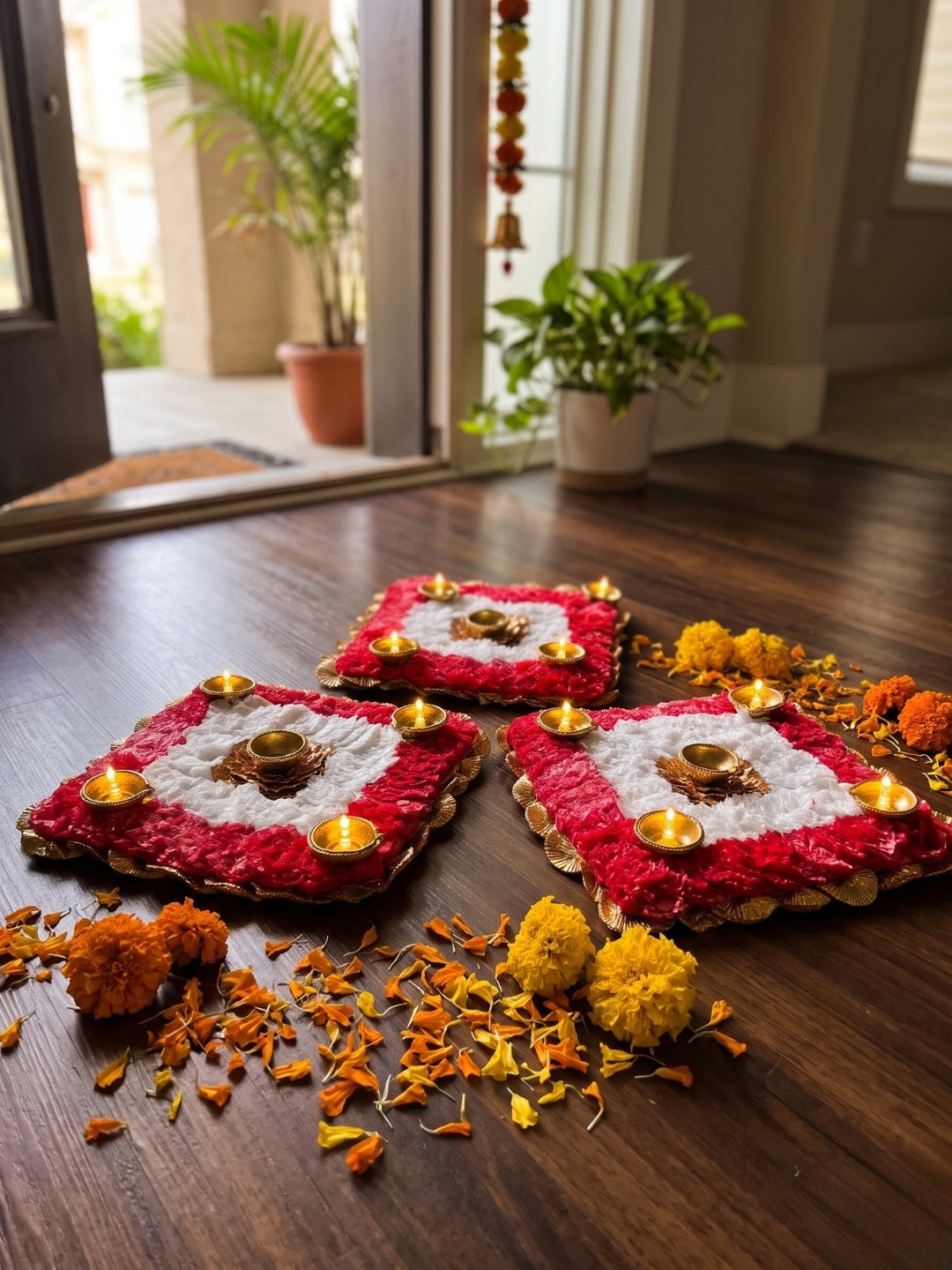 Handmade Red & White Floral Puja Mat / rangoli Set of 3 with Diyas