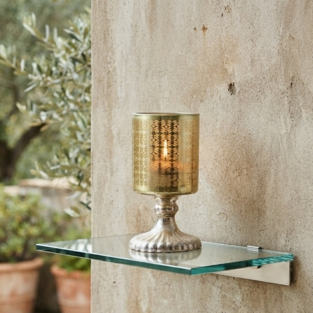 Green Leaf-Etched Glass Pedestal Tea Light Holders - single pc