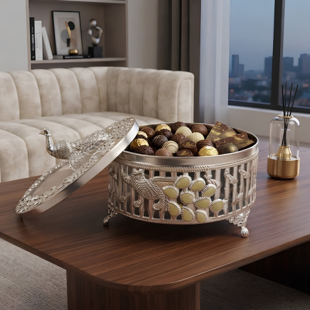 white metal Decorative Silver Peacock Design Round Storage Box with Lid