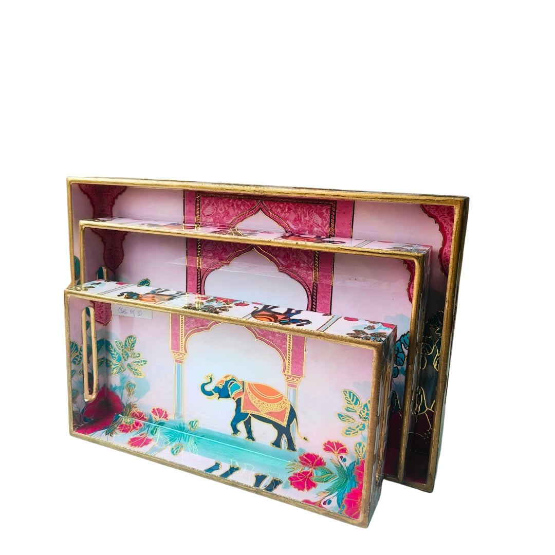 Elephant Pink Pattern Design Enamel Tray(Tray Set of 3)