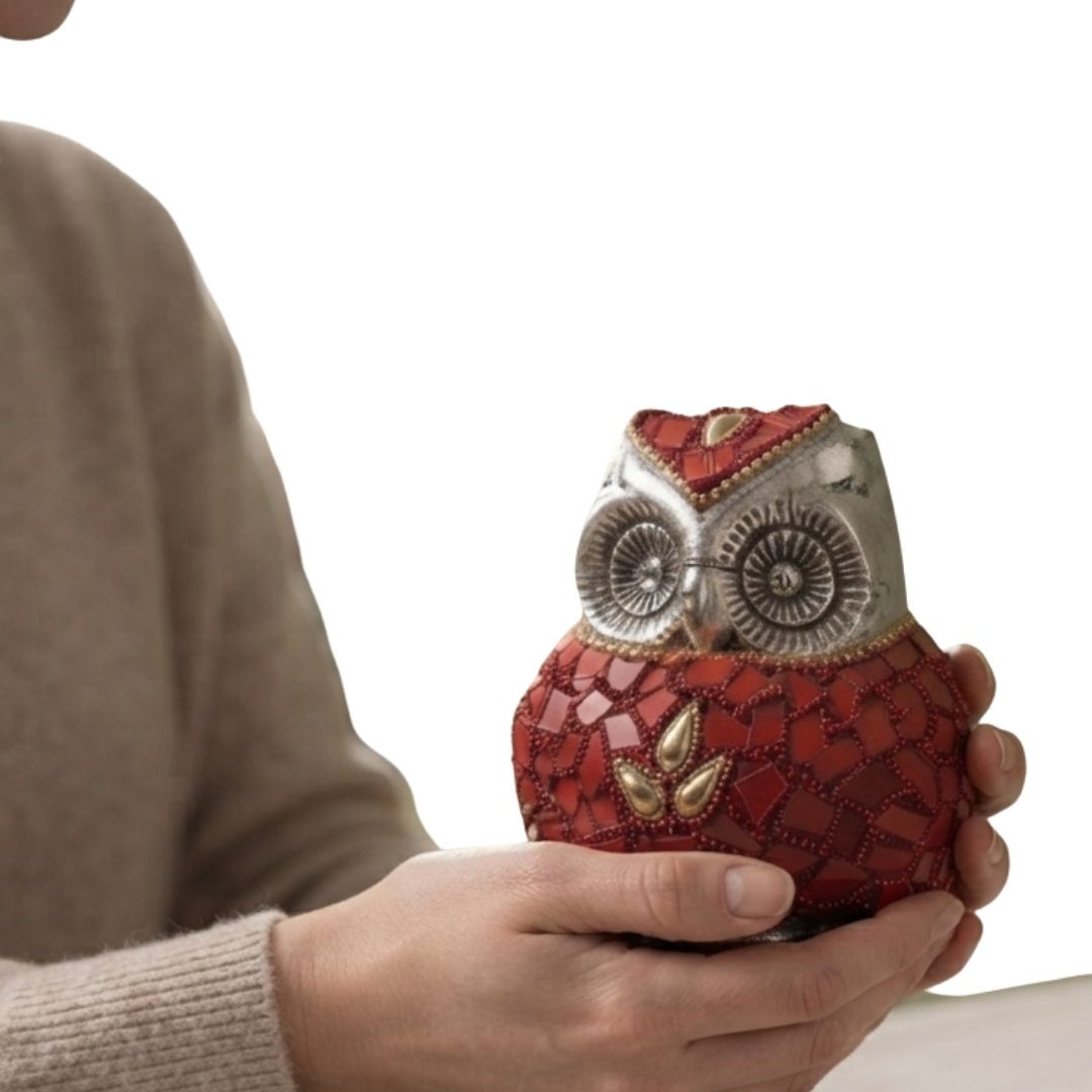 Silver Plated Red Mosaic Owl Figurine in Red Velvet Box for Home Decor