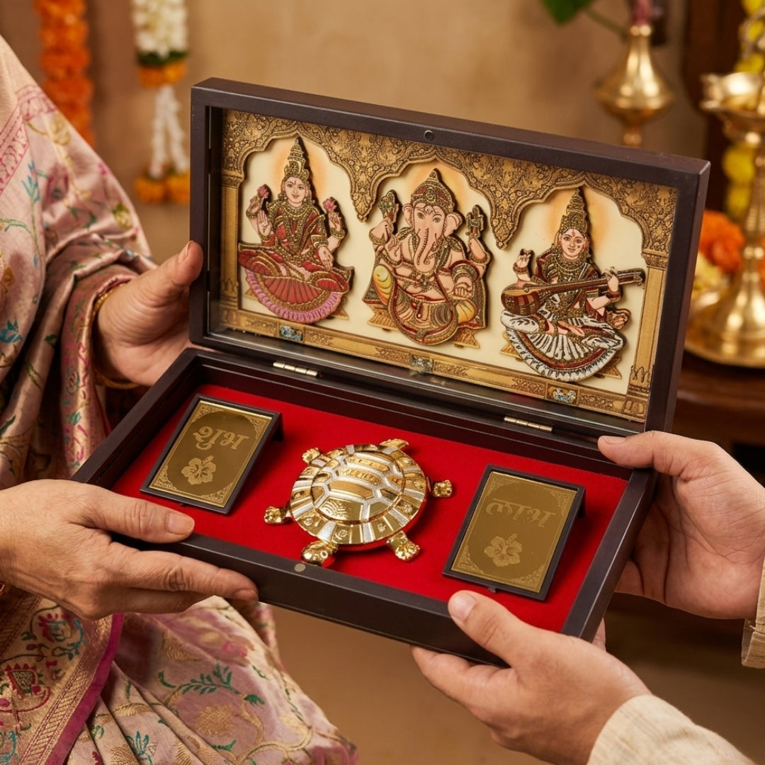24K Gold Plated Laxmi Ganesh Saraswati idol with Shubh Labh Kachua pooja Box