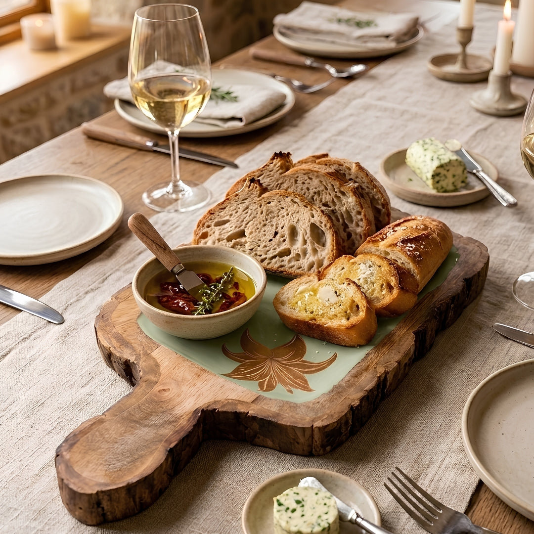 Green Enamel Wooden Paddle Platter with Tulip Foil Print