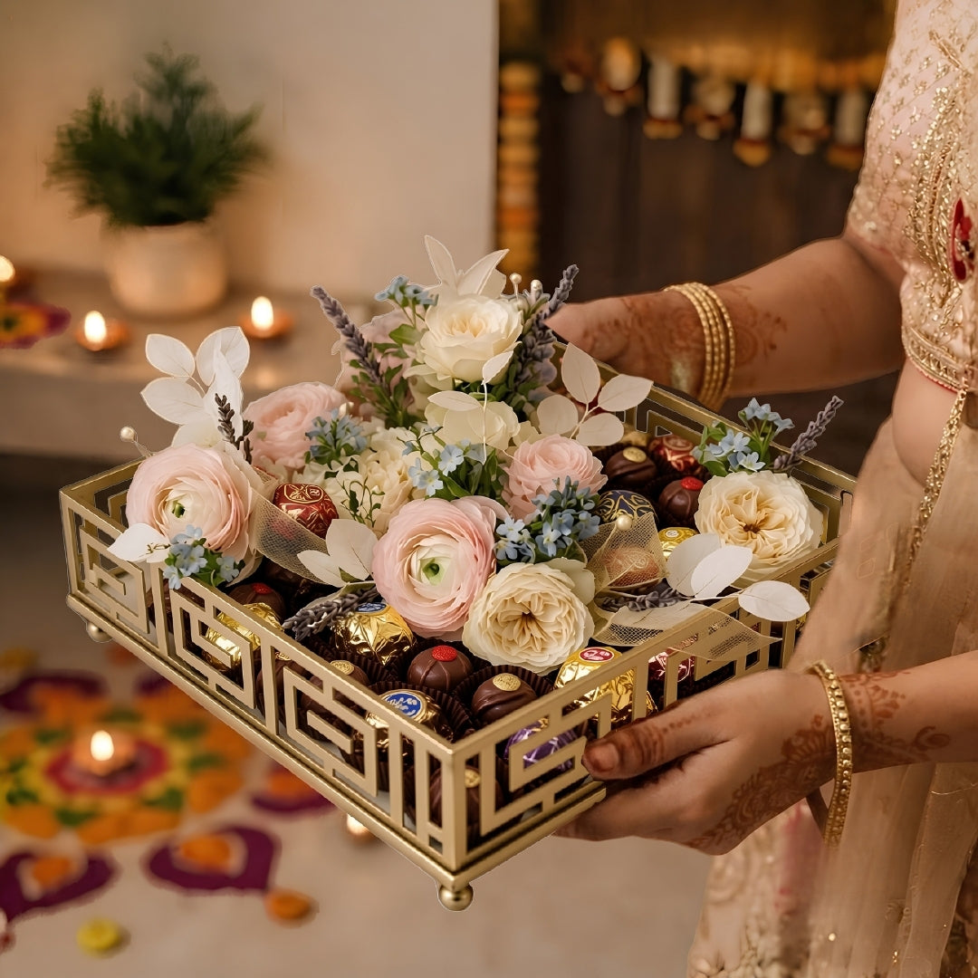 Gold Mirrored Square Tray with Greek Key Pattern