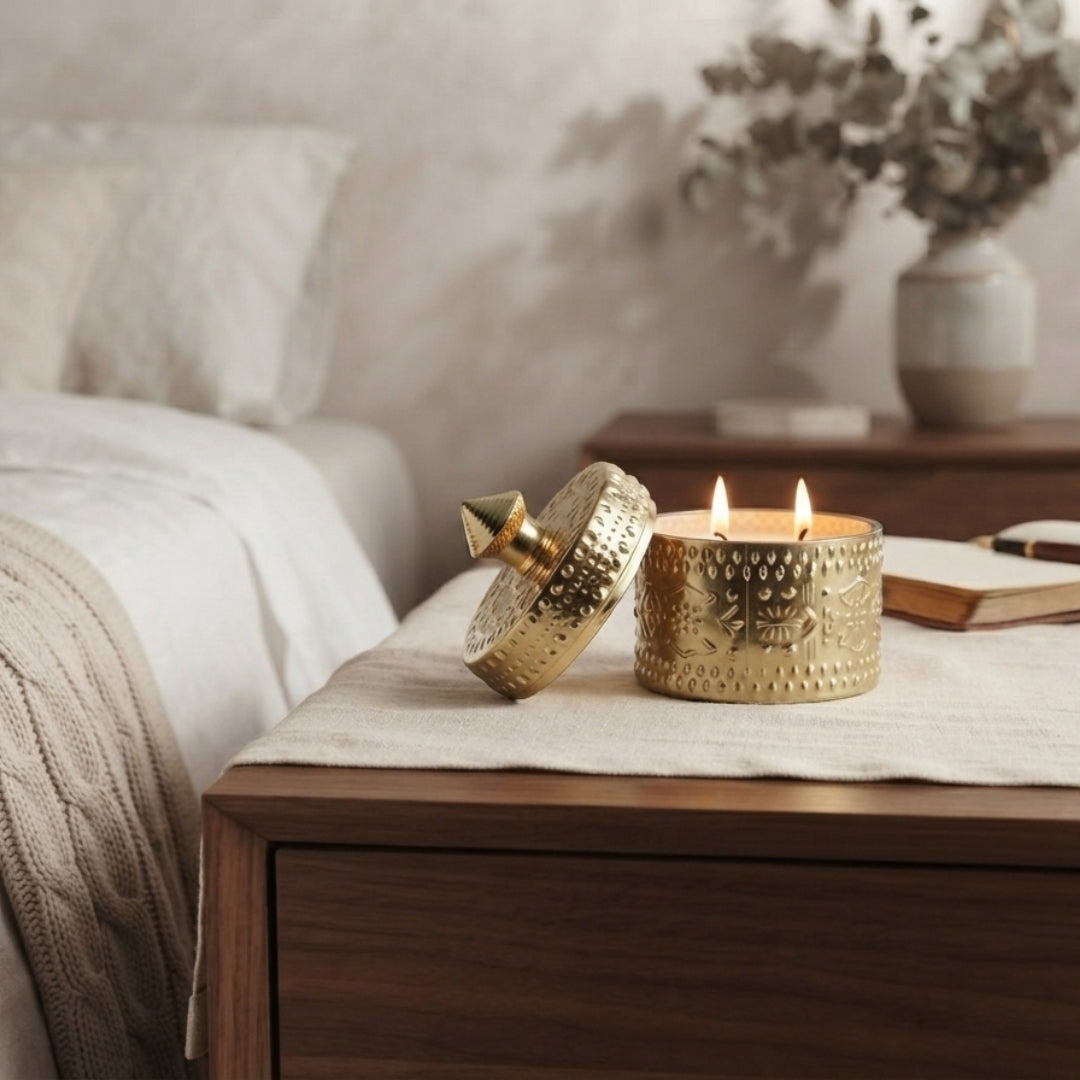 Decorative Gold Embossed Glass Jar with Scented Wax - Elegant Candle Holder