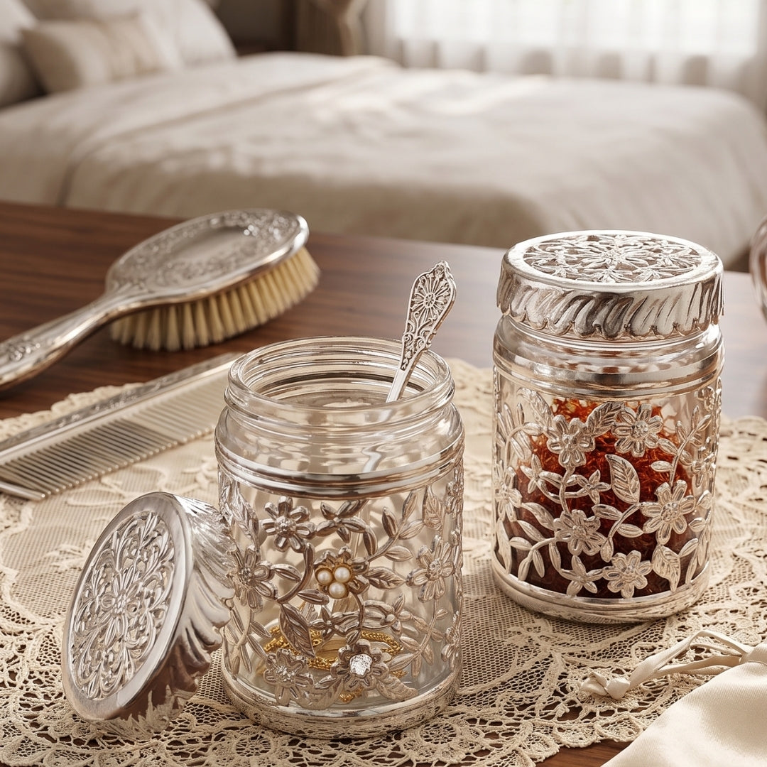 Silver Plated Floral Jars with Red Velvet Gift Box Set of Two