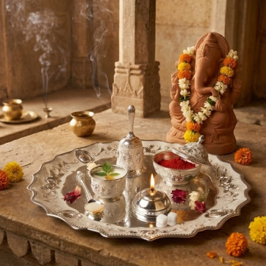 Silver-Plated Floral Design Pooja Thali Set