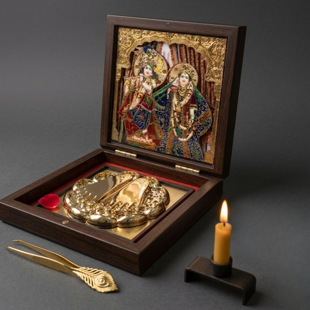 Premium 24K Gold & 999 pure Silver Plated Radha Krishna Charan Paduka Pooja Box