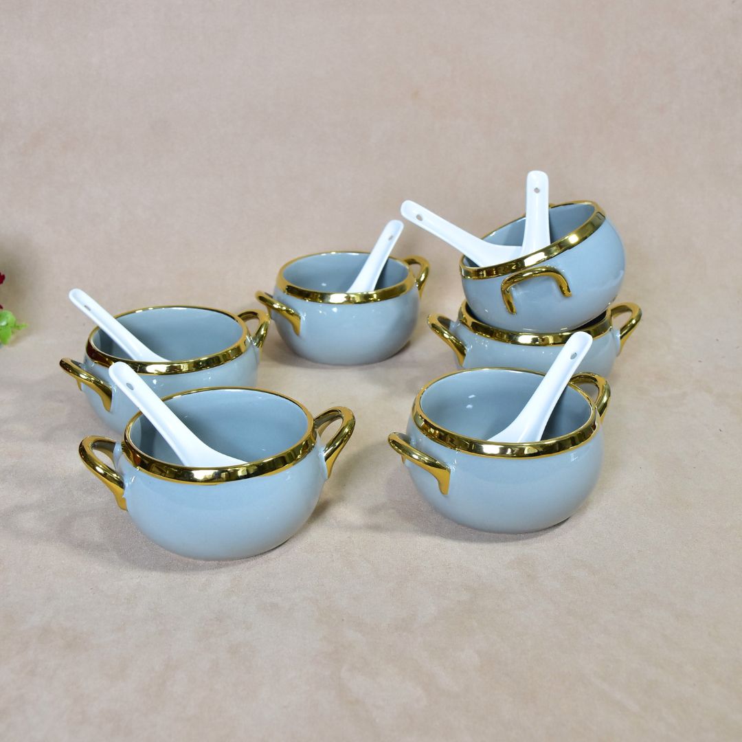 Ceramic Bowl With Bamboo Tray Set Of 6 - Light Blue