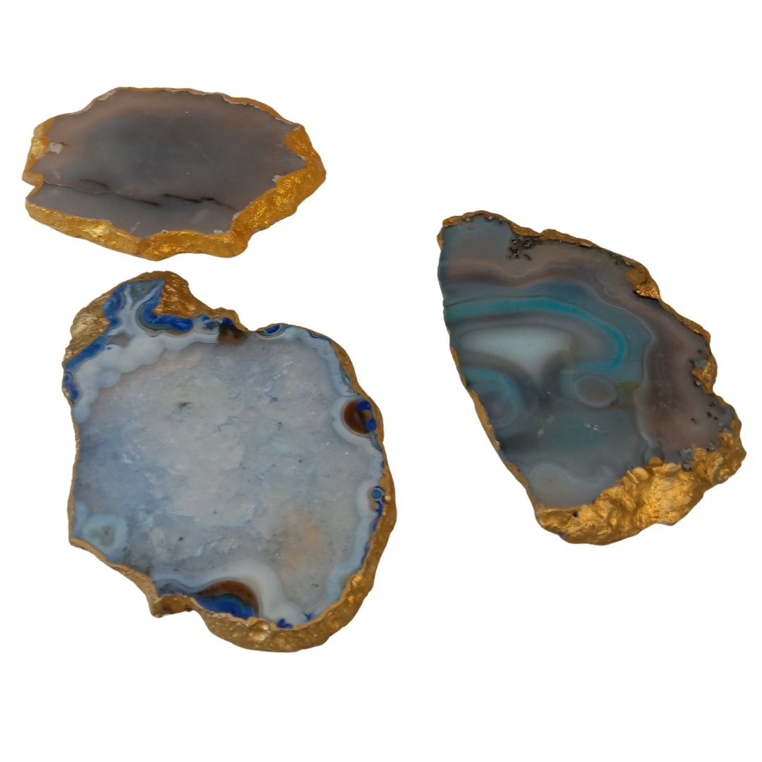 Table Coaster - Blue Agate Stone with Gold Lining Set Of 3