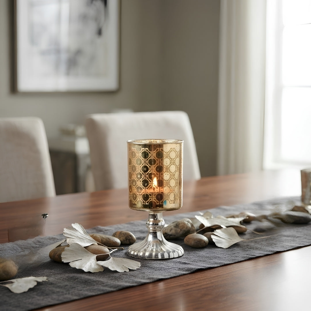 Set of 2 gold Mosaic Etched Glass Pedestal Tea Light Holders