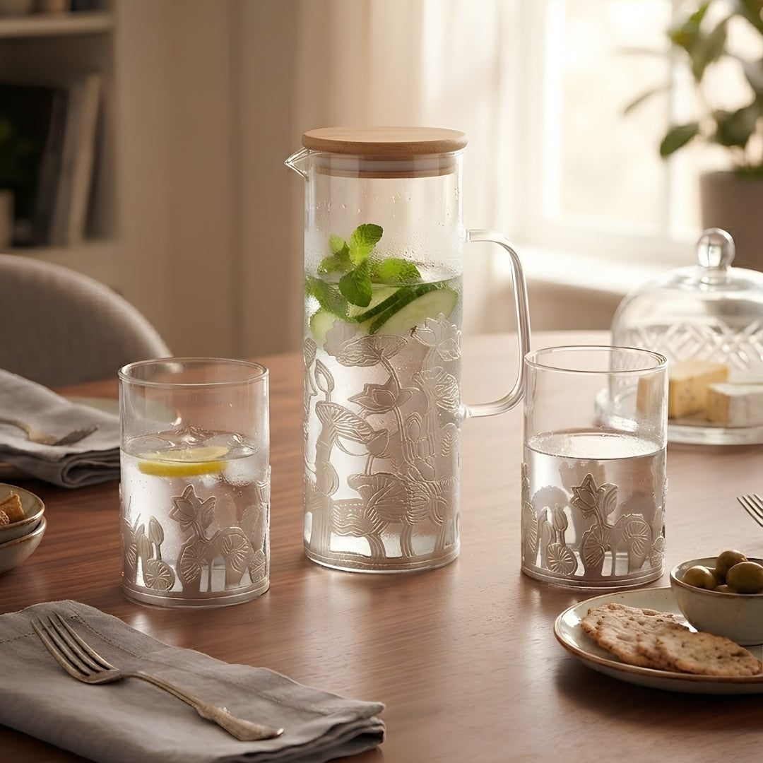 Silver-Plated Lotus Glass Jug and 2 Glasses Set